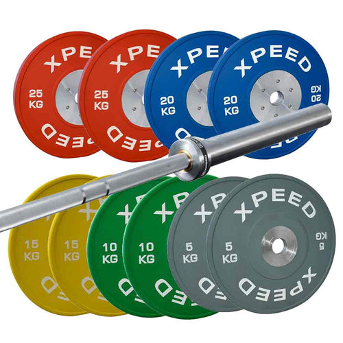 Load image into Gallery viewer, 150kg Xpeed Competition Bumper + X-Series Olympic Chrome Bar Package
