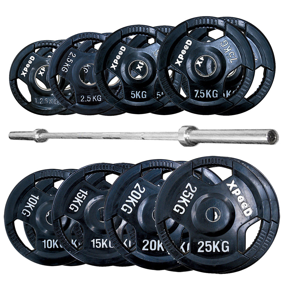 172.5kg Olympic Rubber Plate Pack + 20kg Barbell with Collars
