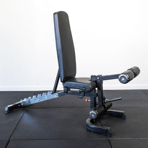 Load image into Gallery viewer, Xpeed X-Series FID Bench Attachments side view of X-Series bench with leg curl attachment
