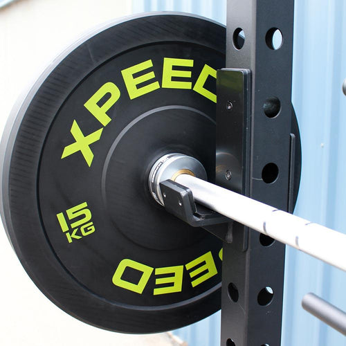 Load image into Gallery viewer, Xpeed X Series Half Rack j hooks close up with barbell
