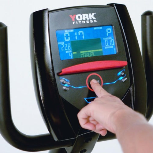 Load image into Gallery viewer, york rb420 recumbent bike console in use
