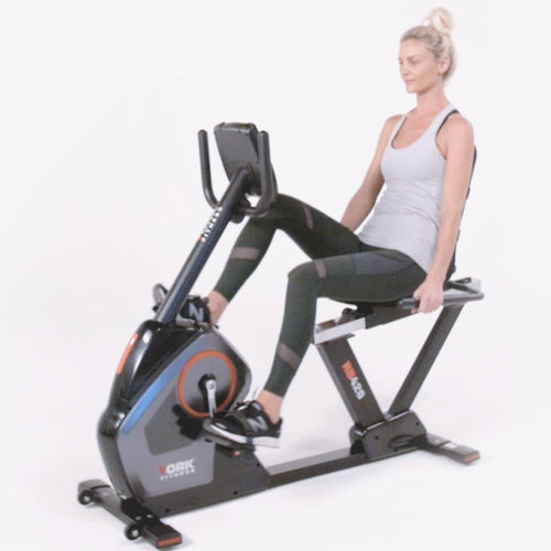 Load image into Gallery viewer, york rb420 recumbent bike side view with woman
