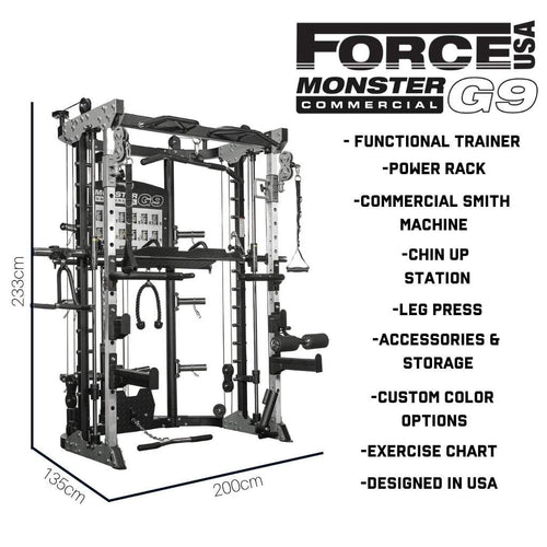 Load image into Gallery viewer, Force USA G9 All-In-One Functional Trainer dimensions with machine and included pieces
