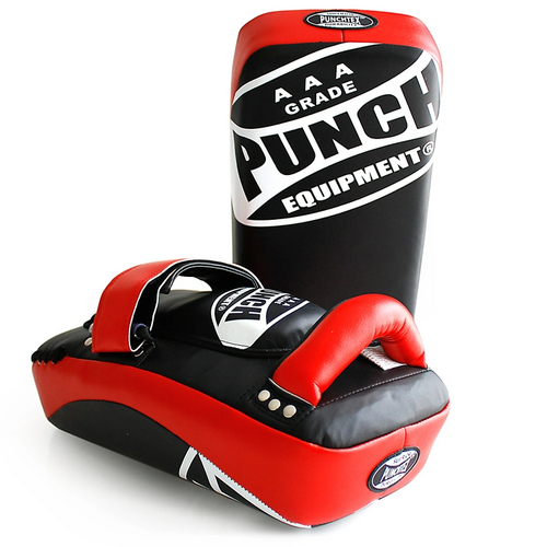 Load image into Gallery viewer, Punch Curved Thai Pads red side and front view
