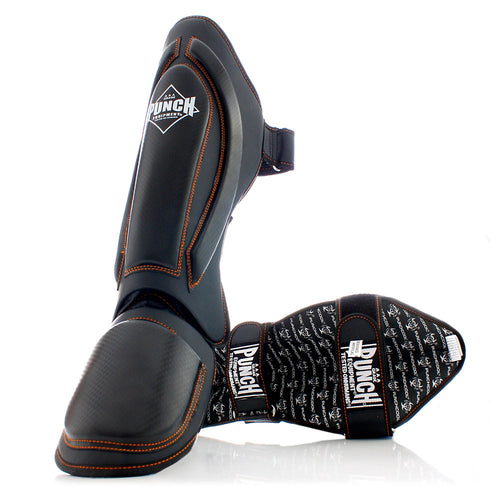 Load image into Gallery viewer, Punch Black Diamond Shin Pads front and back view

