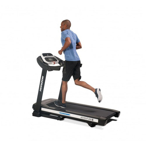 Load image into Gallery viewer, Horizon Adventure 3 Treadmill side view with man using running
