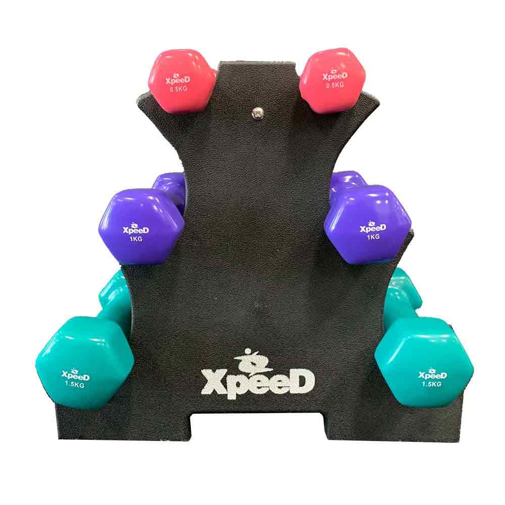 Xpeed 6 Piece PVC Dumbbell Set With Rack front view