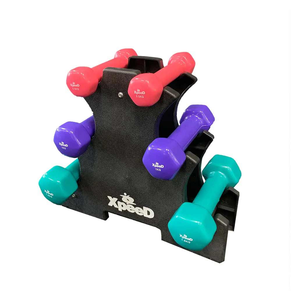 Xpeed 6 Piece PVC Dumbbell Set With Rack front view