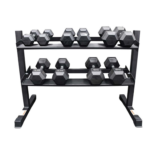 Load image into Gallery viewer, Xpeed 2 Tier Rack + 100kg Rubber Hex Dumbbell Package
