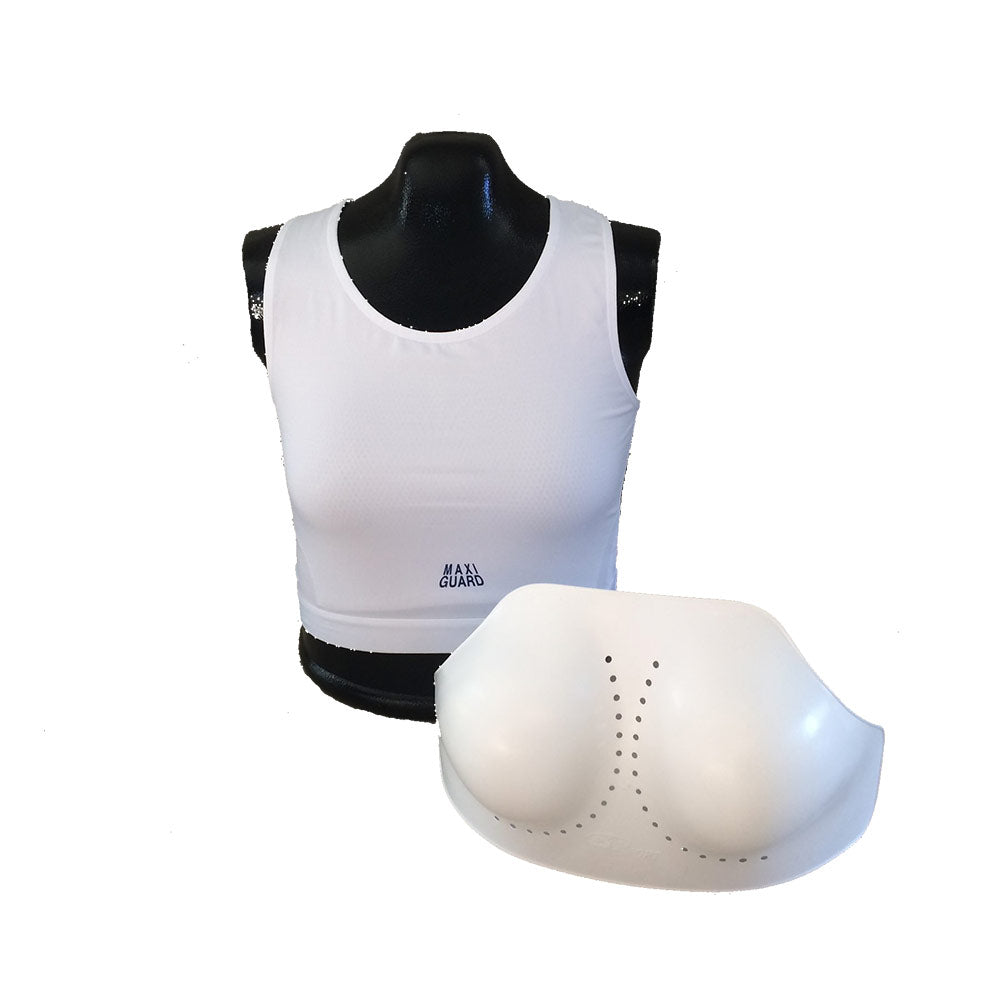 Maxi Guard Female Chest Protector front view with MaxiGuard bra worn by mannequin 