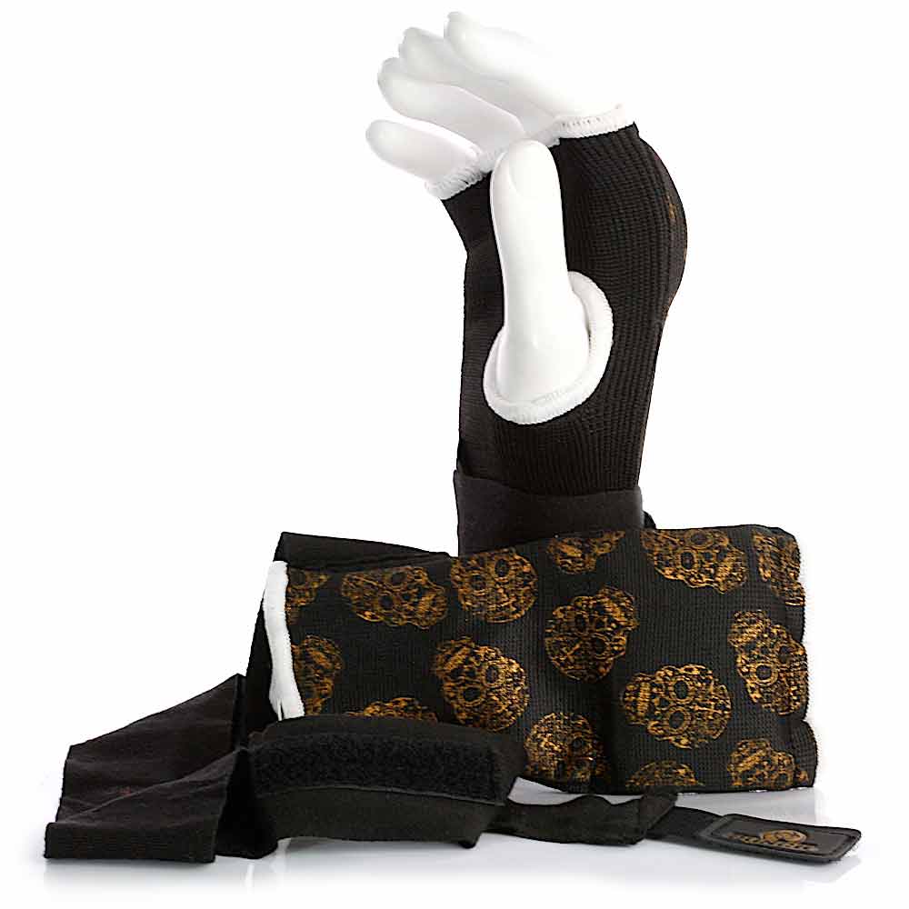 Punch Womens Urban Quick Wraps (Gold Skulls) front and side view